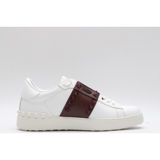 Valentino Garavani Low-Top Buffed Calfskin Open Sneaker White Burgundy Studded