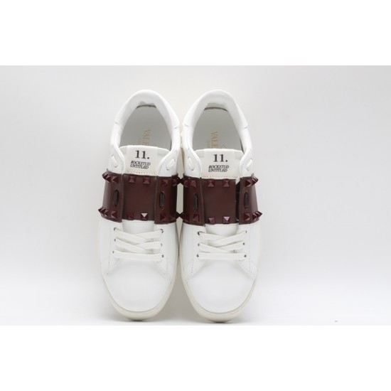 Valentino Garavani Low-Top Buffed Calfskin Open Sneaker White Burgundy Studded