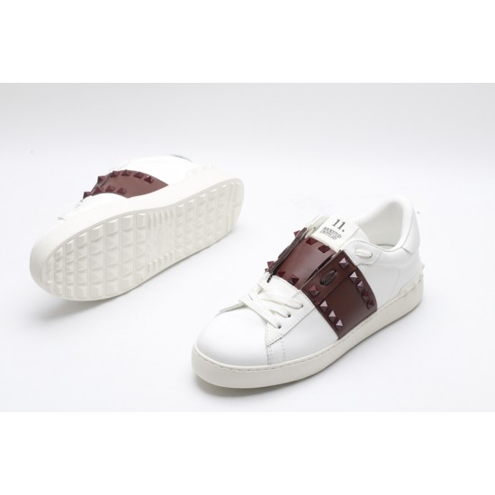 Valentino Garavani Low-Top Buffed Calfskin Open Sneaker White Burgundy Studded