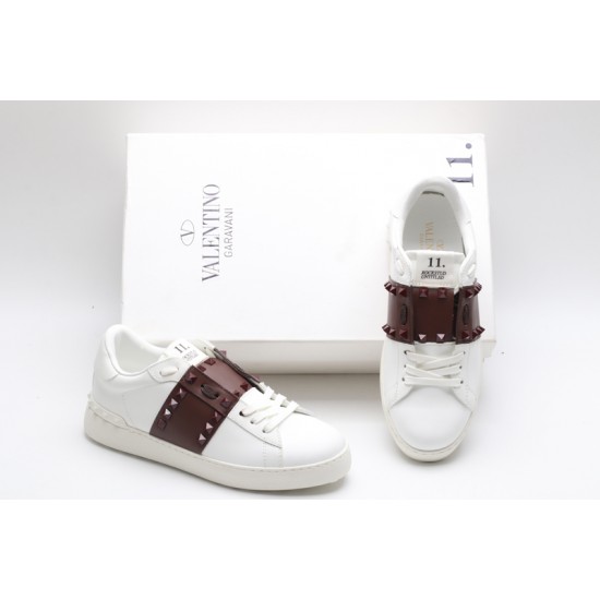 Valentino Garavani Low-Top Buffed Calfskin Open Sneaker White Burgundy Studded