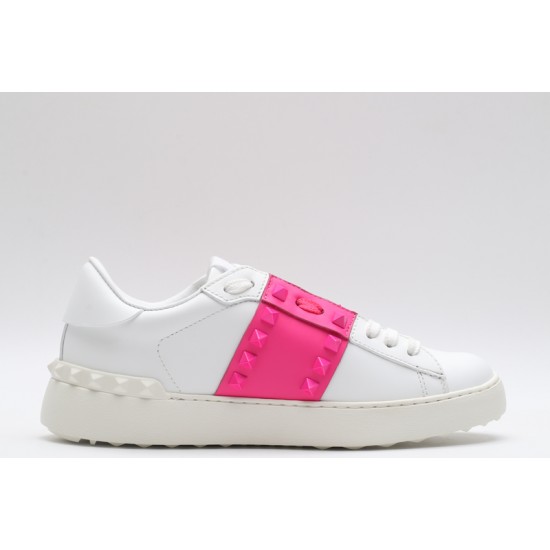 Valentino Garavani Low-Top Buffed Calfskin Open Sneaker White Pink