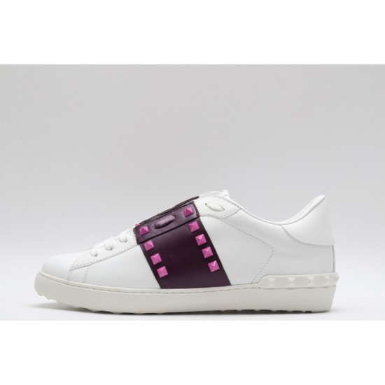 Valentino Garavani Low-Top Buffed Calfskin Open Sneaker White Burgundy