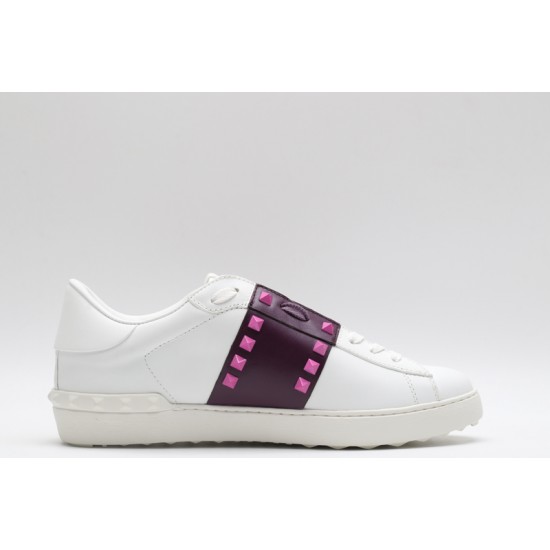 Valentino Garavani Low-Top Buffed Calfskin Open Sneaker White Burgundy