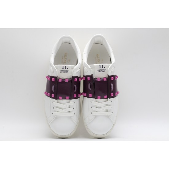 Valentino Garavani Low-Top Buffed Calfskin Open Sneaker White Burgundy