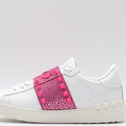 Valentino Garavani Low-Top Buffed Calfskin Open Sneaker White Pink Studded