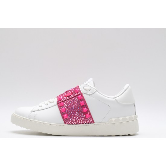 Valentino Garavani Low-Top Buffed Calfskin Open Sneaker White Pink Studded