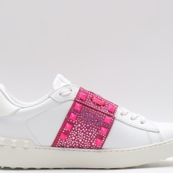 Valentino Garavani Low-Top Buffed Calfskin Open Sneaker White Pink Studded