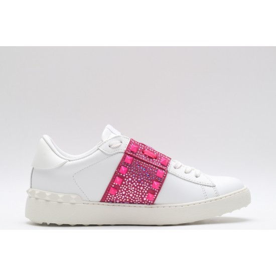 Valentino Garavani Low-Top Buffed Calfskin Open Sneaker White Pink Studded