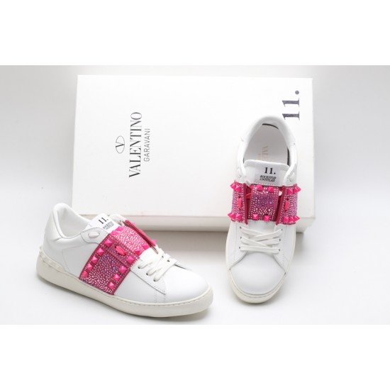 Valentino Garavani Low-Top Buffed Calfskin Open Sneaker White Pink Studded