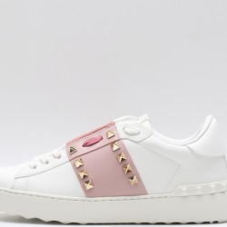 Valentino Garavani Low-Top Buffed Calfskin Open Sneaker White Pink Gold Studded