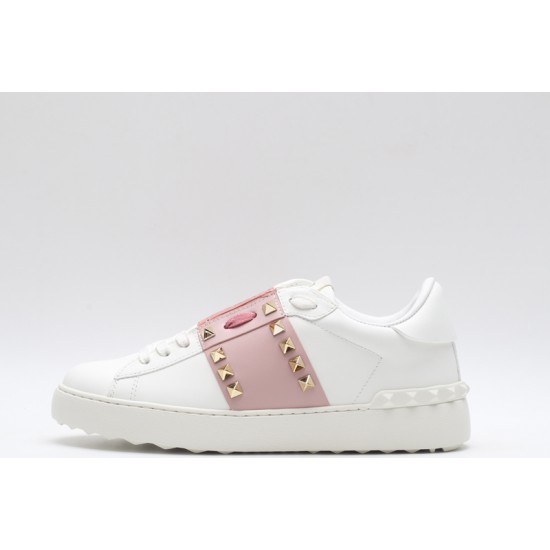 Valentino Garavani Low-Top Buffed Calfskin Open Sneaker White Pink Gold Studded