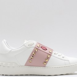 Valentino Garavani Low-Top Buffed Calfskin Open Sneaker White Pink Gold Studded