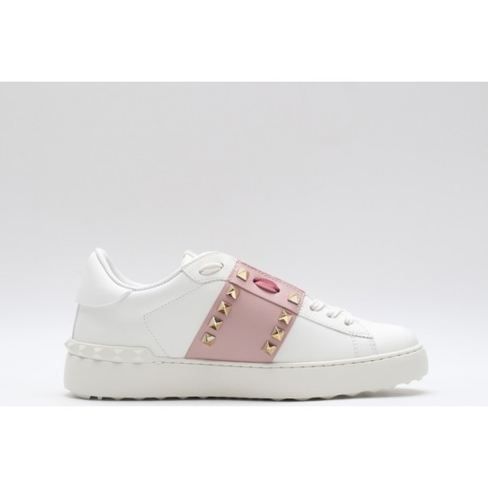 Valentino Garavani Low-Top Buffed Calfskin Open Sneaker White Pink Gold Studded