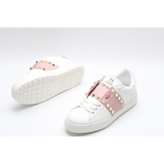 Valentino Garavani Low-Top Buffed Calfskin Open Sneaker White Pink Gold Studded