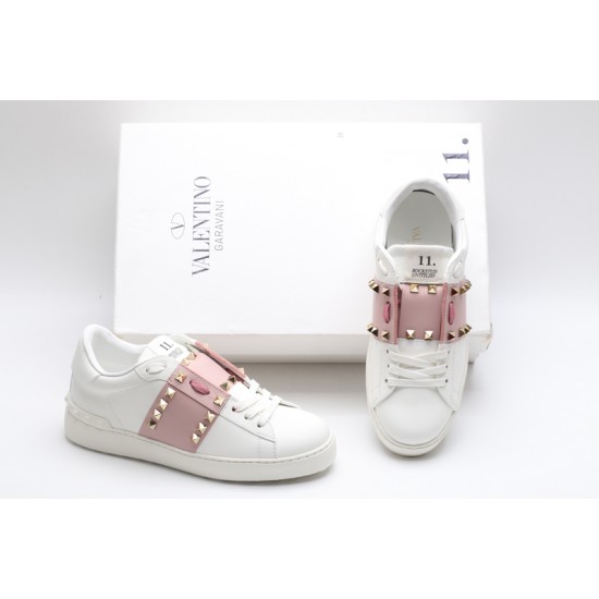 Valentino Garavani Low-Top Buffed Calfskin Open Sneaker White Pink Gold Studded