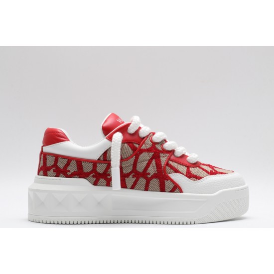 Valentino Garavani Nappa Leather Canvas Sneakers White Brown Red & Off-White One Stud