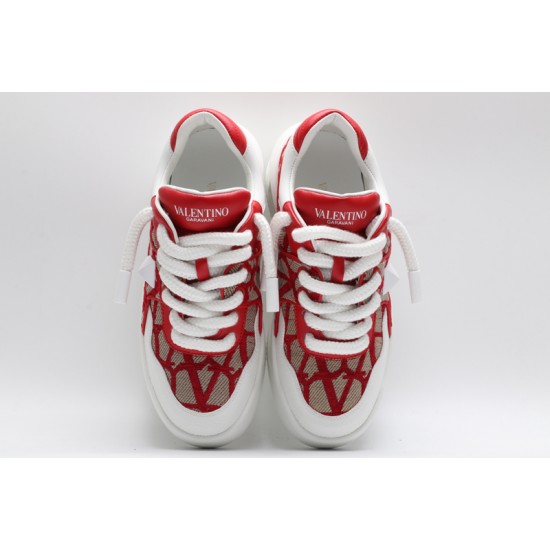 Valentino Garavani Nappa Leather Canvas Sneakers White Brown Red & Off-White One Stud