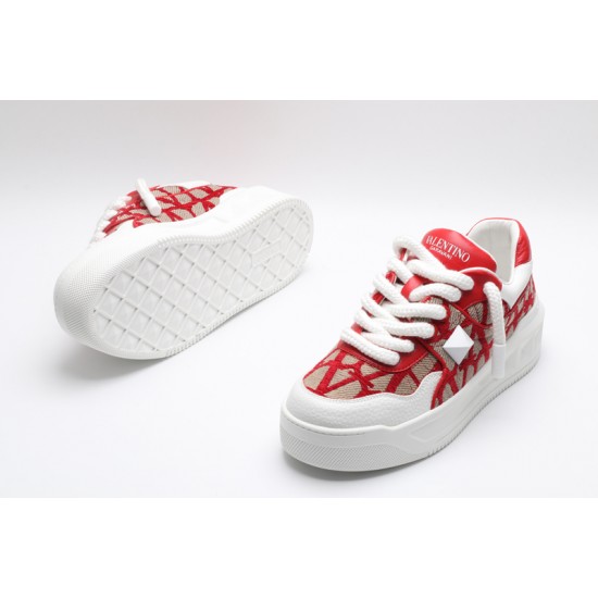 Valentino Garavani Nappa Leather Canvas Sneakers White Brown Red & Off-White One Stud