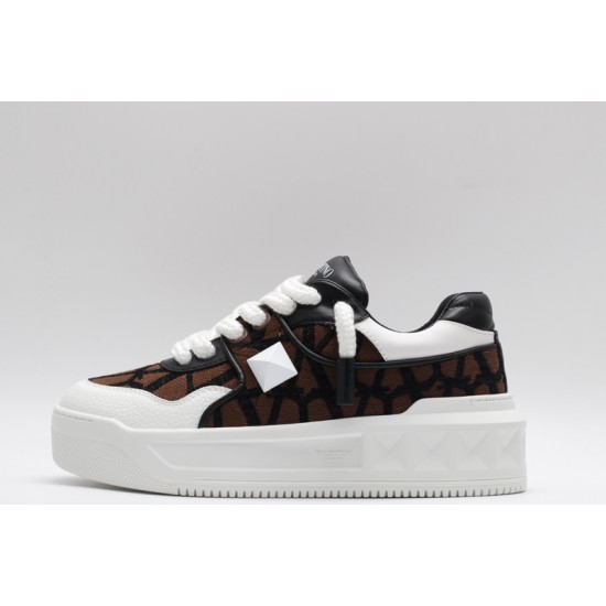 Valentino Garavani Nappa Leather Canvas Sneakers Brown & Off-White One Stud