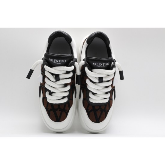 Valentino Garavani Nappa Leather Canvas Sneakers Brown & Off-White One Stud