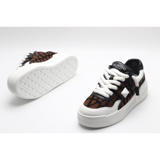 Valentino Garavani Nappa Leather Canvas Sneakers Brown & Off-White One Stud