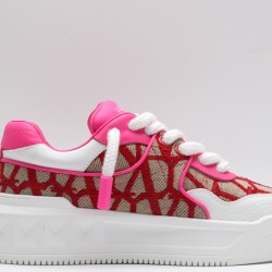 Valentino Garavani Nappa Leather Canvas Sneakers White Pink Brown & Off-White One Stud